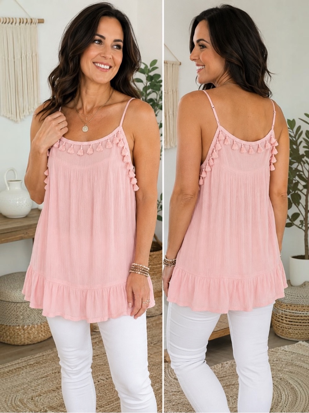 NWT POL Blush Pink Tassel Trim Gauze Tunic Tank Top Boho Small